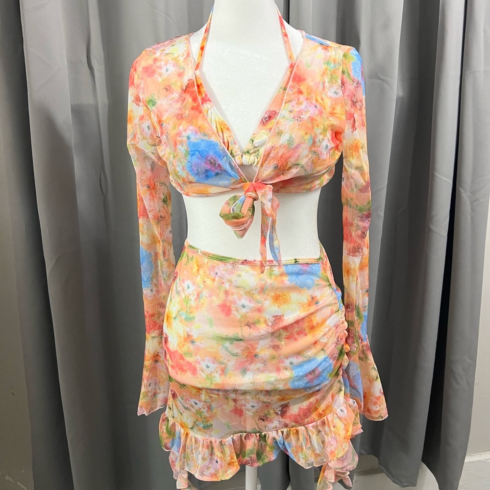 New 4 Piece Bikini Top Skirt Cover Up Tropical Pink Orange Yellow Cruise Sz S